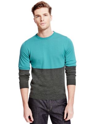 Merinowolrijke trui met horizontale kleurblokken en zijde - BE