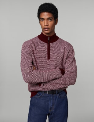 

JAEGER Mens Wool Rich Half Zip Jumper with Cashmere - Burgundy Mix, Burgundy Mix