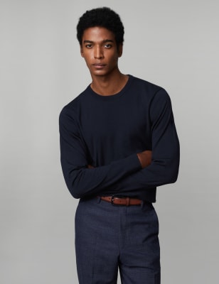 

JAEGER Mens Pure Extra Fine Merino Wool Crew Neck Jumper - Navy, Navy