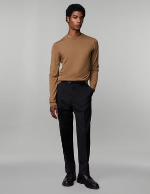 

JAEGER Mens Pure Extra Fine Merino Wool Crew Neck Jumper - Dark Camel, Dark Camel