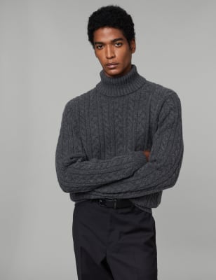 

JAEGER Mens Pure Lambswool Cable Roll Neck Jumper - Dark Charcoal, Dark Charcoal