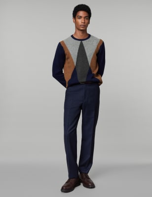 

JAEGER Mens Pure Lambswool Argyle Crew Neck Jumper - Navy Mix, Navy Mix