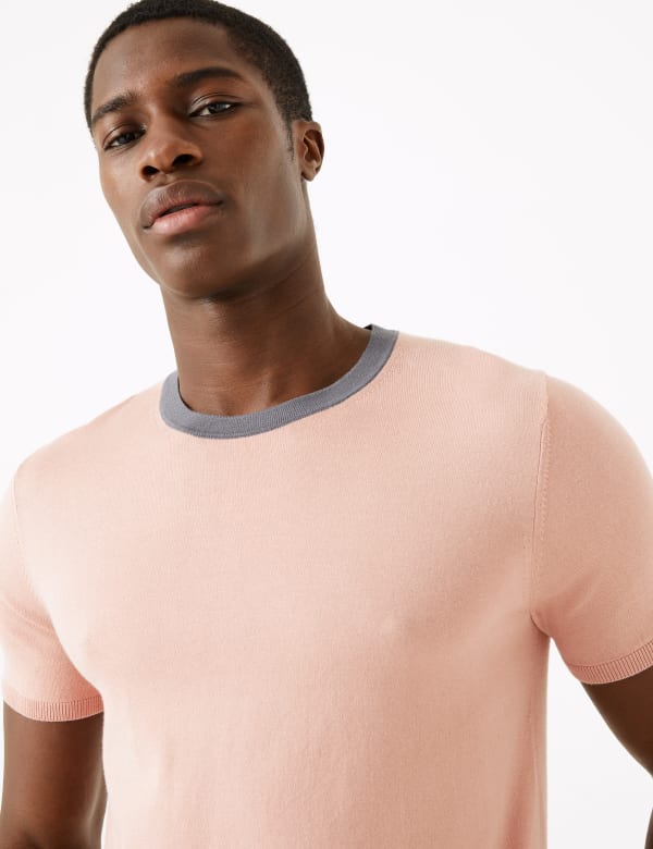 Cotton Contrast Neck Knitted T-Shirt