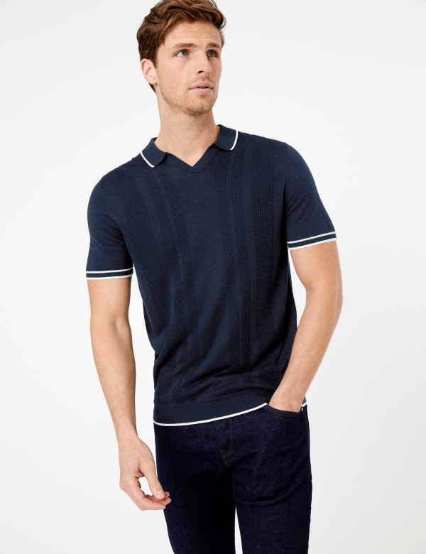Open V-Neck Knitted Polo Shirt with Silk