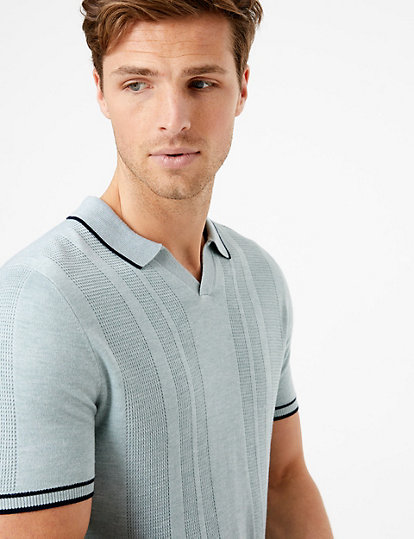 Open V-Neck Knitted Polo Shirt with Silk