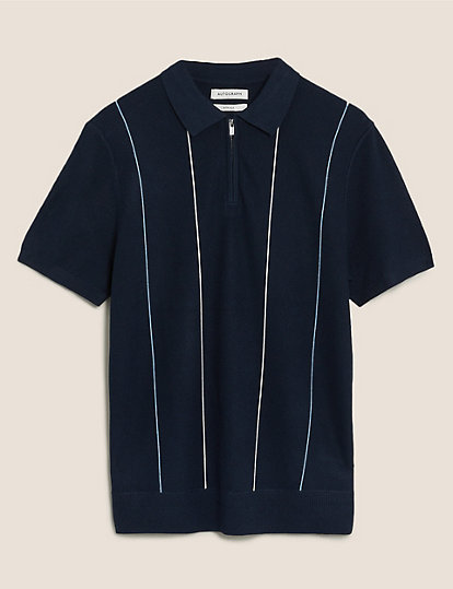 Silk Striped Zip Knitted Polo Shirt