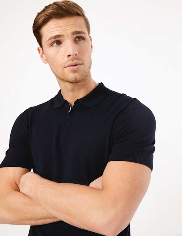 Silk Blend Zip Collar Knitted Polo Shirt