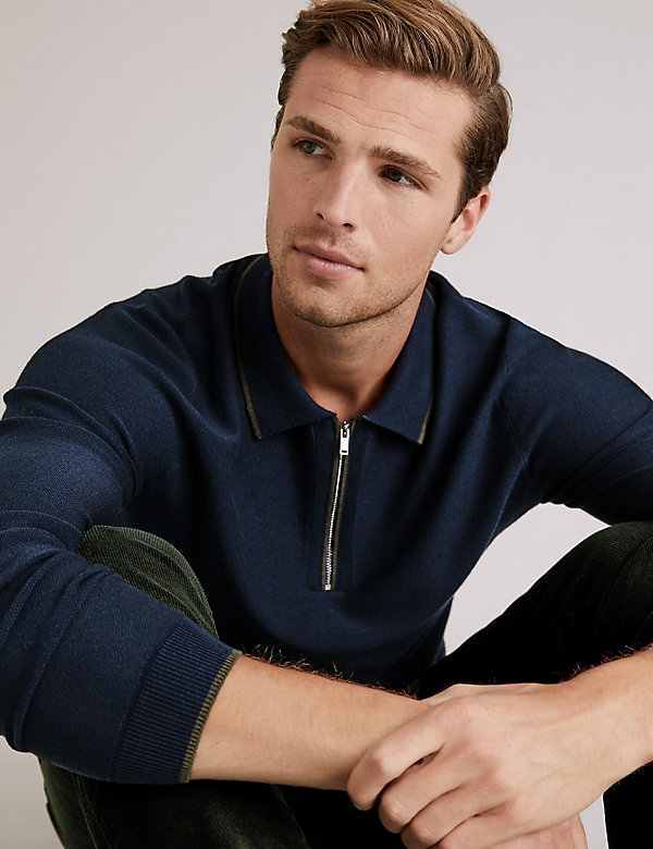 Zip Neck Knitted Polo Shirt With Silk - LV