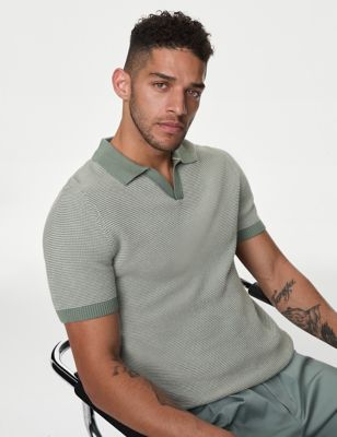 Cotton Rich Open Neck Knitted Polo Shirt - TW
