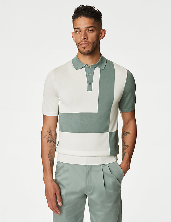 Cotton Rich Colour Block Knitted Polo Shirt - EE