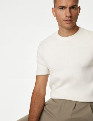 M&S X England Collection Mens Pure Cotton Textured Knitted T-Shirt - XLREG - Ivory, Ivory