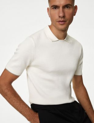 M&S X England Collection Men's Pure Cotton Textured Knitted Polo Shirt - XLREG - Ivory, Ivory