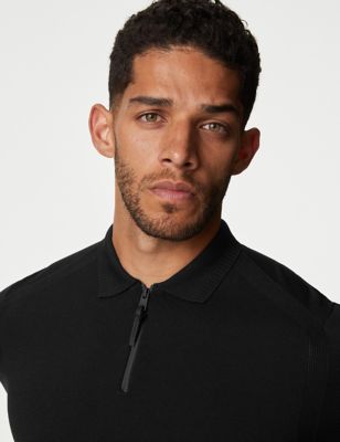 Autograph Mens Performance Zip Up Knitted Polo Shirt - SREG - Black, Black,White
