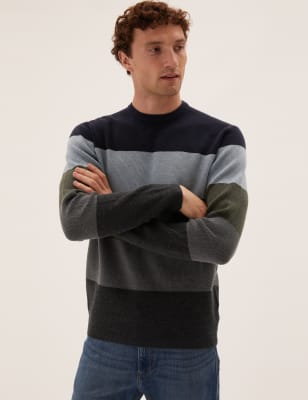 

Mens M&S Collection Pullover aus Baumwollmischgewebe mit Rundhalsausschnitt und Rippen- und Streifenmuster - Blue Mix, Blue Mix