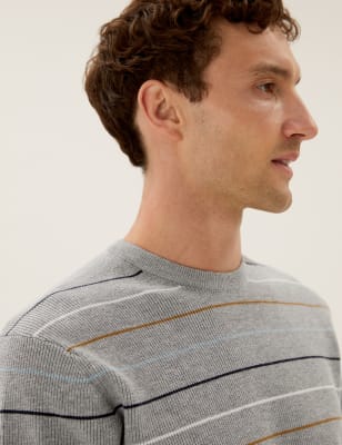 

Mens M&S Collection Gerippter Pullover mit Rundhalsausschnitt und Streifenmuster - Grey Mix, Grey Mix