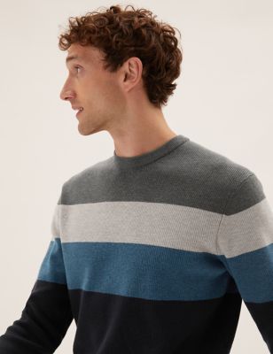 

Mens M&S Collection Cotton Blend Ribbed Chest Striped Jumper - Blue Mix, Blue Mix