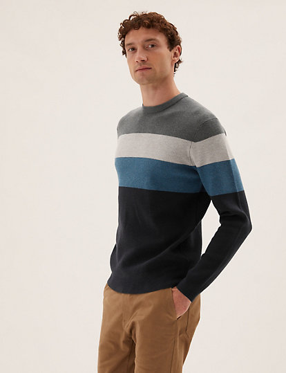 Cotton Blend Ribbed Chest Striped Jumper
