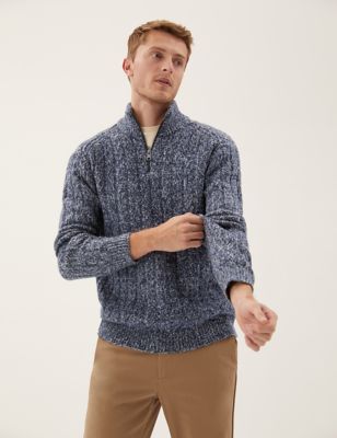 

Mens M&S Collection Cable Knit Half Zip Jumper with Wool - Blue Mix, Blue Mix
