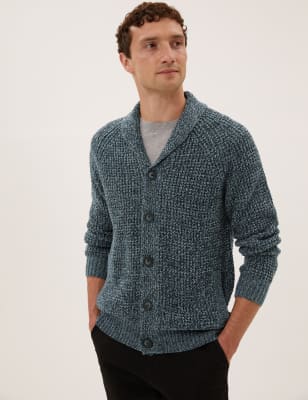 

Mens M&S Collection Grobstrick-Cardigan mit Wollanteil und Schalkragen - Navy, Navy