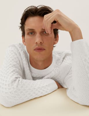 

M&S Collection Jersey de escote cerrado de punto trenzado con lanaMens - Ecru, Ecru