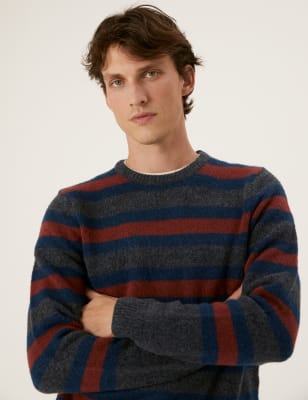 

Mens M&S Collection Gestreifter Pullover mit Rundhalsausschnitt und Wollanteil - Red Mix, Red Mix