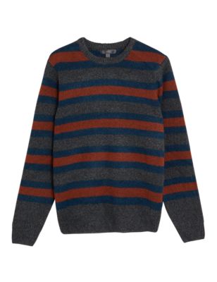 M&S Mens Striped Crew Neck Jumper With Wool