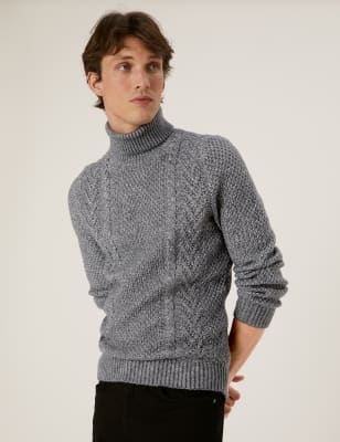 

Mens M&S Collection Cable High Neck Jumper with Wool - Smokey Green, Smokey Green