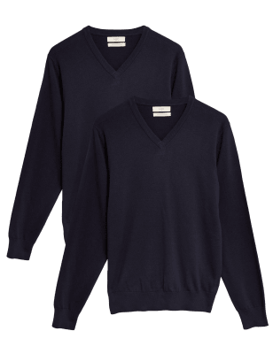 

Mens M&S Collection 2pk Pure Cotton V Neck Jumper - Navy, Navy