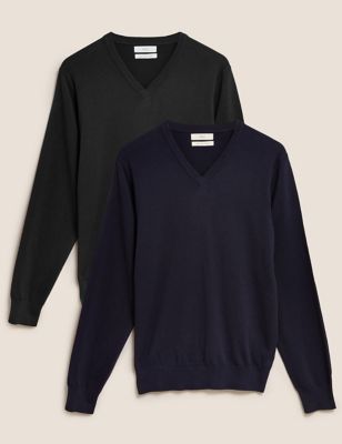 

Mens M&S Collection Pure Cotton Two Pack V Neck Jumper - Navy Mix, Navy Mix