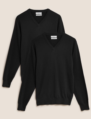 

Mens M&S Collection Pure Cotton Two Pack V Neck Jumper - Black, Black