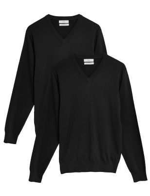 

Mens M&S Collection 2er-Pack Pullover aus reiner Baumwolle mit V-Ausschnitt - Black, Black