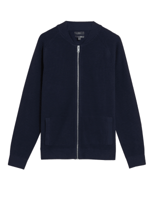 

Mens M&S Collection Cotton Blend Ribbed Knitted Bomber Jacket - Navy, Navy