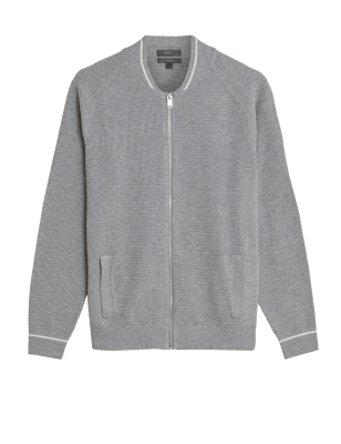 

Mens M&S Collection Cotton Blend Ribbed Knitted Bomber Jacket - Grey, Grey