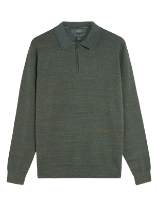 

Mens M&S Collection Cotton Rich Zip Neck Knitted Polo Shirt - Sage, Sage