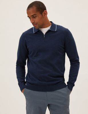 

Mens M&S Collection Cotton Rich Zip Neck Knitted Polo Shirt - Navy, Navy