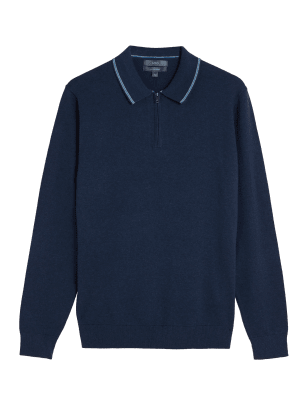 

Mens M&S Collection Cotton Rich Zip Neck Knitted Polo Shirt - Navy, Navy