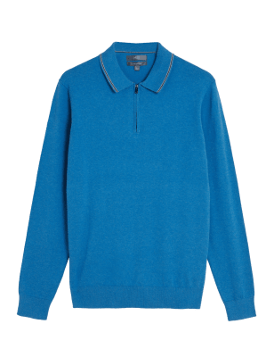 

Mens M&S Collection Strick-Poloshirt mit hohem Baumwollanteil und Reißverschlusskragen - Periwinkle, Periwinkle