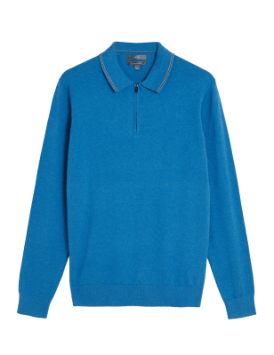 

Mens M&S Collection Cotton Rich Zip Neck Knitted Polo Shirt - Periwinkle, Periwinkle