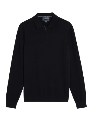 

Mens M&S Collection Cotton Rich Zip Neck Knitted Polo Shirt - Black, Black