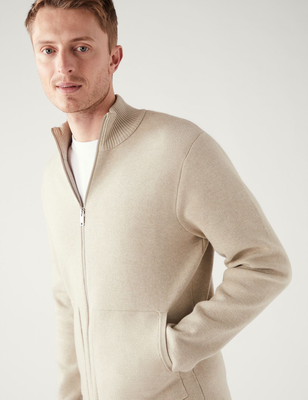 Cotton Blend Ribbed Zip Up Knitted Jacket image 3