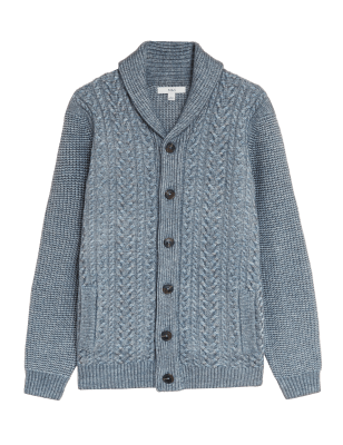 

Mens M&S Collection Strickjacke mit Zopfmuster und Schalkragen - Blue Mix, Blue Mix