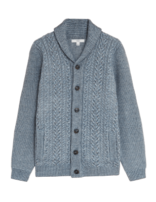 

Mens M&S Collection Cable Shawl Collar Cardigan - Blue Mix, Blue Mix