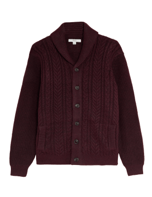 

Mens M&S Collection Strickjacke mit Zopfmuster und Schalkragen - Berry, Berry