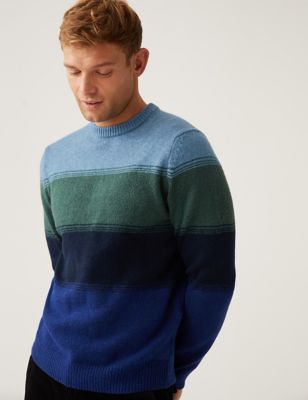 Marks And Spencer Mens M&S Collection Striped Crew Neck Jumper with Wool - Teal Mix