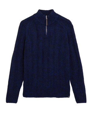 

Mens M&S Collection Pullover mit Rippenmuster, hohem Ausschnitt und halbem Reißverschluss - Blue, Blue