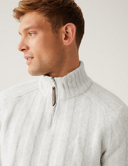 Marks And Spencer Mens M&S Collection Ribbed High Neck Half Zip Jumper - Winter White, Winter White