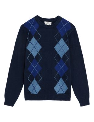 

Mens M&S Collection Argyle Crew Neck Jumper with Wool - Blue Mix, Blue Mix