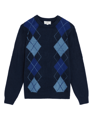 

Mens M&S Collection Argyle Crew Neck Jumper with Wool - Blue Mix, Blue Mix