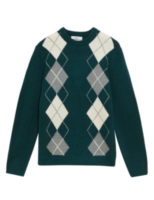 

Mens M&S Collection Argyle Crew Neck Jumper with Wool - Green Mix, Green Mix