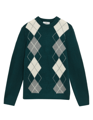 

Mens M&S Collection Argyle Crew Neck Jumper with Wool - Green Mix, Green Mix